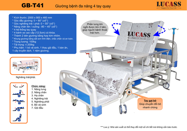 Giường y tế 4 tay quay Lucass C41 tổng quan